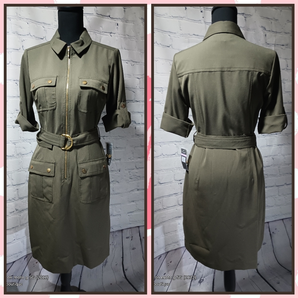 Short Sleeve Full Body Zipper Midi ShiftDress OliveDrab - Picture 1 of 16
